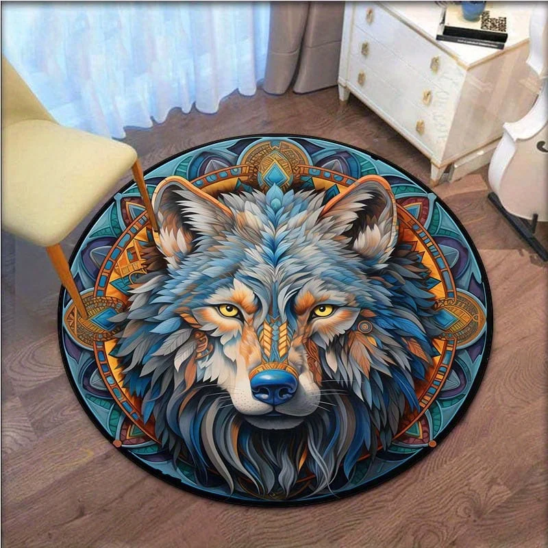Round Crystal Velvet Rug Wolf Face Mandala Colorful Animal Print Floor Mat Home Decor Living Room Bedroom Carpet Artistic Design