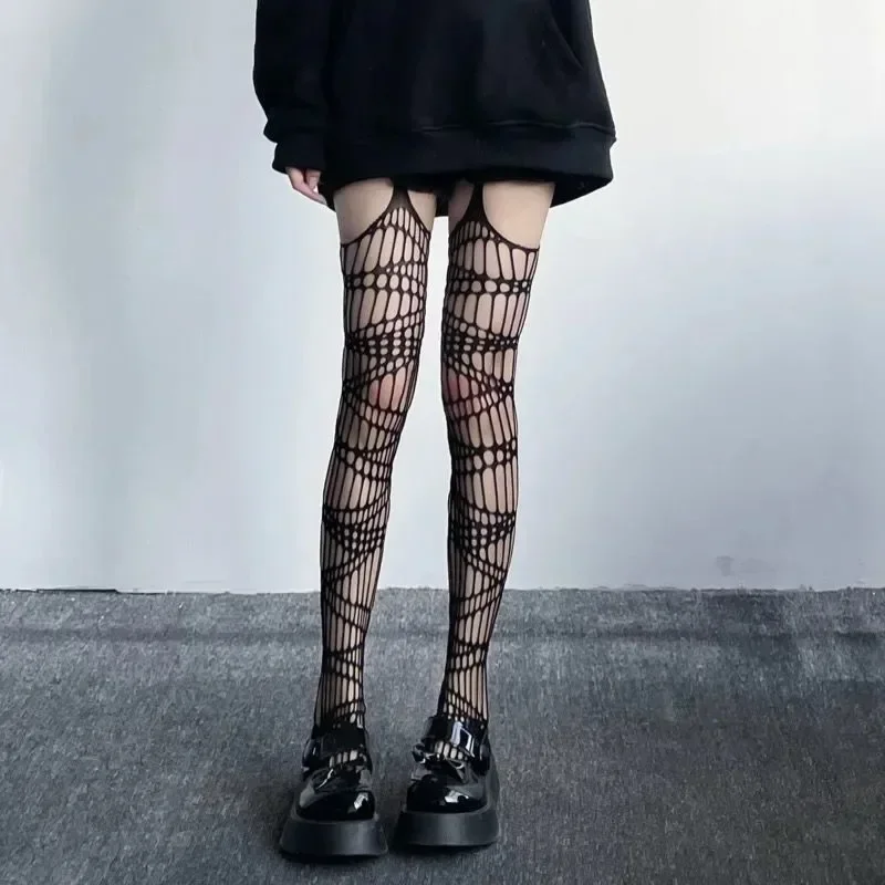 Lolita Gothic Girls Hollow Out Fishnet Stockings Women Fashion Halloween Black Tights Garter Over Knee Socks Sheer Pantyhose