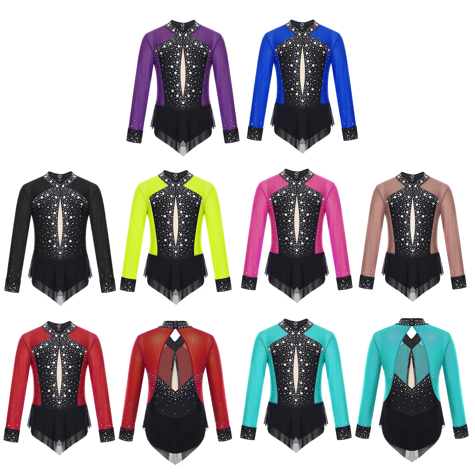 الفتيات لامعة فستان رقص الباليه الشكل التزلج على الجليد جيرسي الجمباز الإيقاعي بقماش شفاف متجنب ثياب الغنائية المرحلة Dancewear