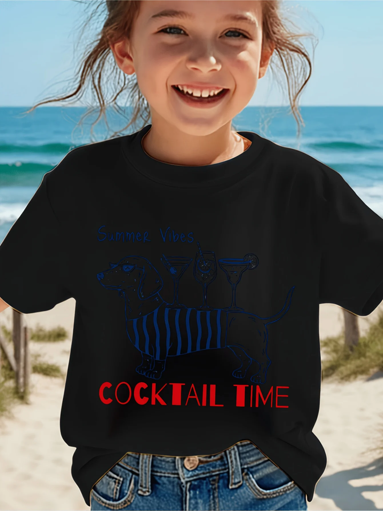 Kids Summer Vibes Dachshund Cocktail Time Graphic Tee Boys Girls Family Matching Short Sleeve Beach Holiday Casual Daily T Shirt