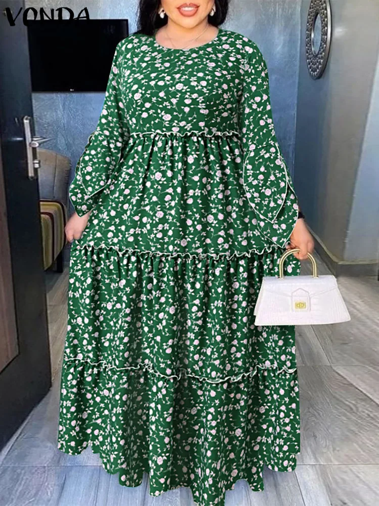 Letnia sukienka Maxi VONDA 2023 kobiet długi, rozszerzony rękaw sukienka z nadrukiem w kwiaty w stylu Casual, imprezowa Vestido luźne sukienki