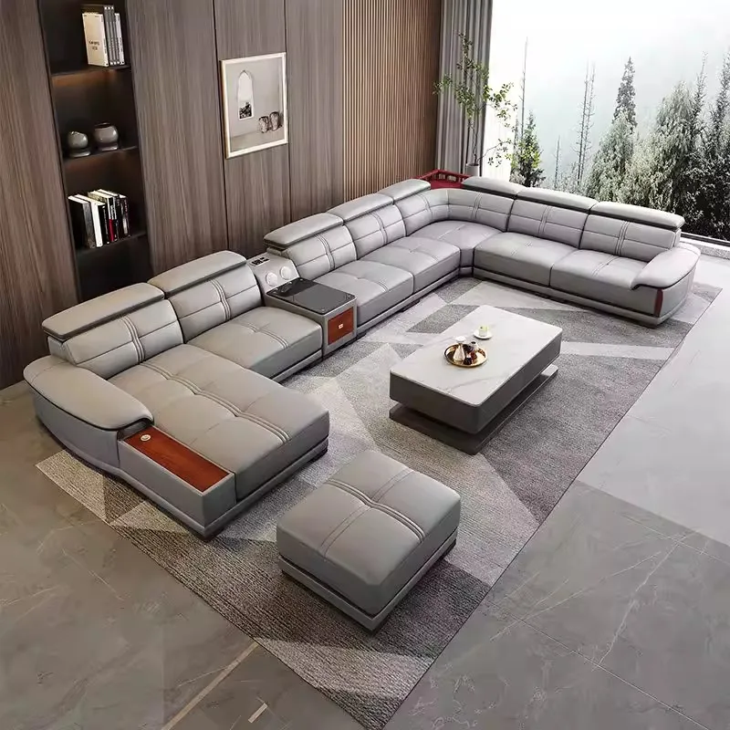 Large Genuine Leather Couch with Chaise Lounge, Modern U-Shaped Sectional Sofa, Deep Seating Upholstered Modular Corner Sofa Set