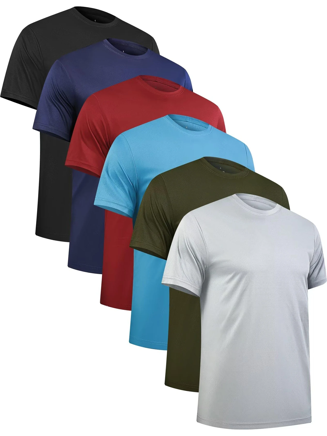 TELALEO  6pcs Solid Casual Sports Men's Short Sleeve Crew Neck T-shirts Set, Summer Outdoor