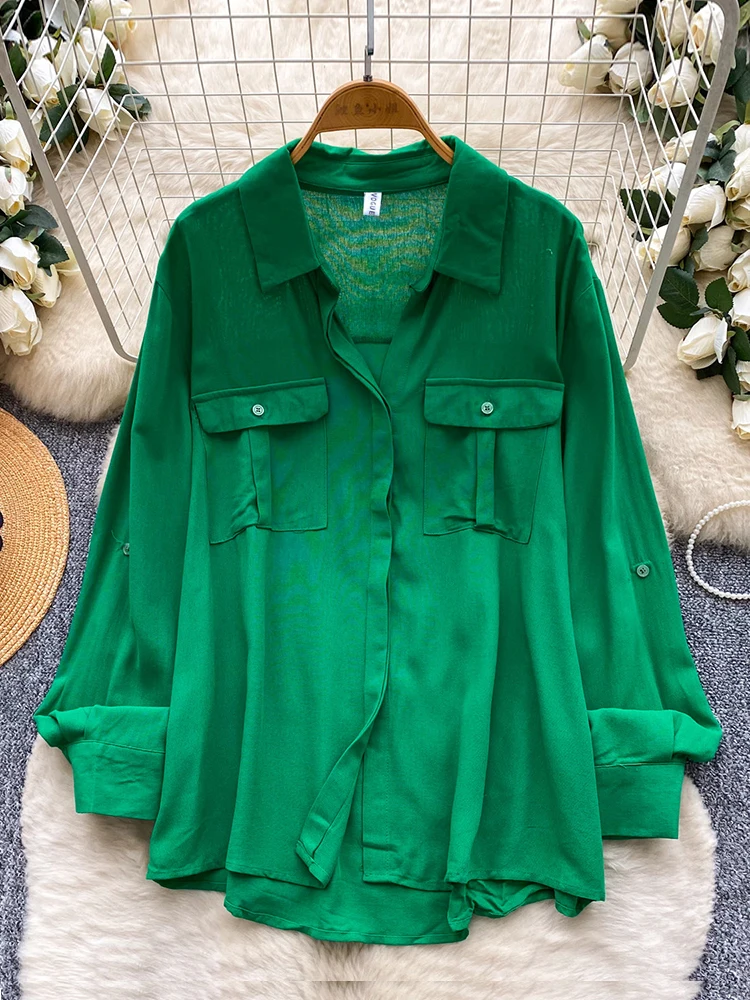 

Женская корейская рубашка, кардиган с карманами, простая однотонная свободная солнцезащитная блузка с длинными рукавами, женский топ BL316