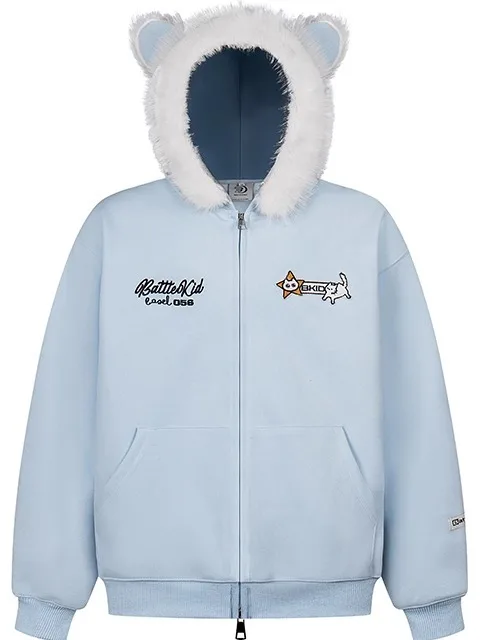 

Ear Hooded Sweatirt Zipper High Slimming Outerwear Women's Faion Spring Autumn Couple's Loose Fit Long Sve Coat