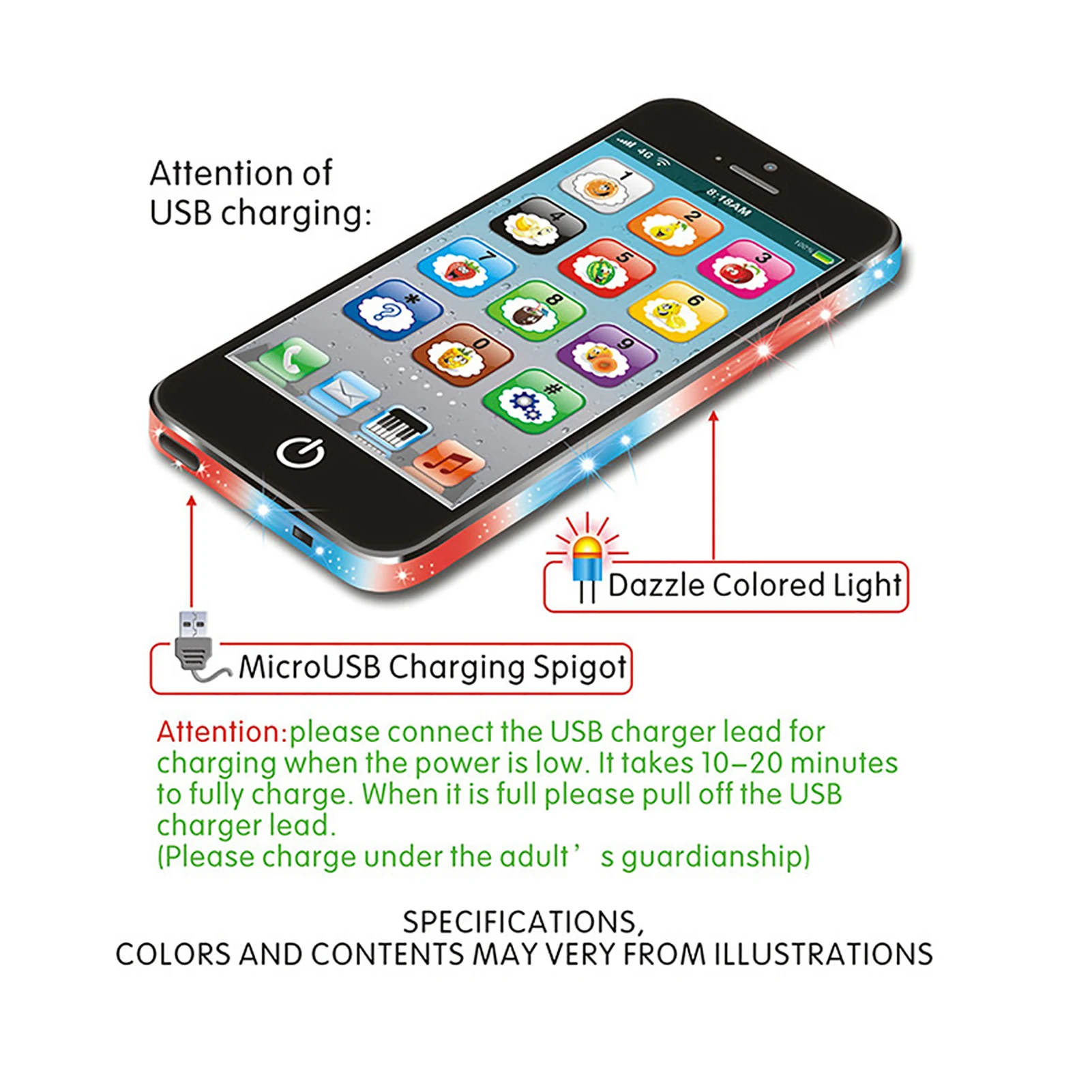 Telefone de aprendizagem de inglês para crianças, luz interativa, música, brinquedo educacional, desenho animado, presente seguro, desenvolvimento precoce do bebê, não tóxico
