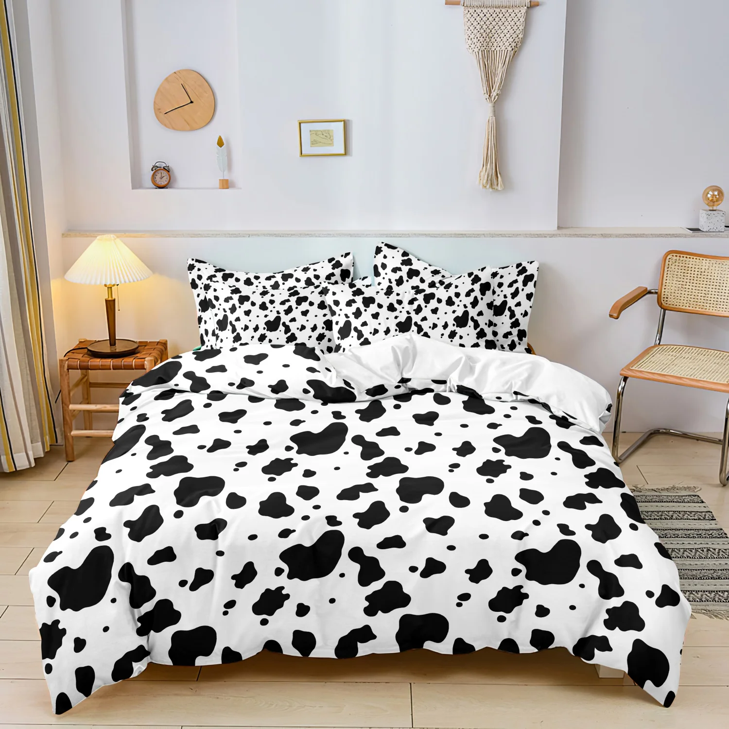 3 Pieces Modern Black White Cow Print Duvet Cover Set, Classic Cowhide Spotted Animal Print Bedding, Fashion Decor Bedding