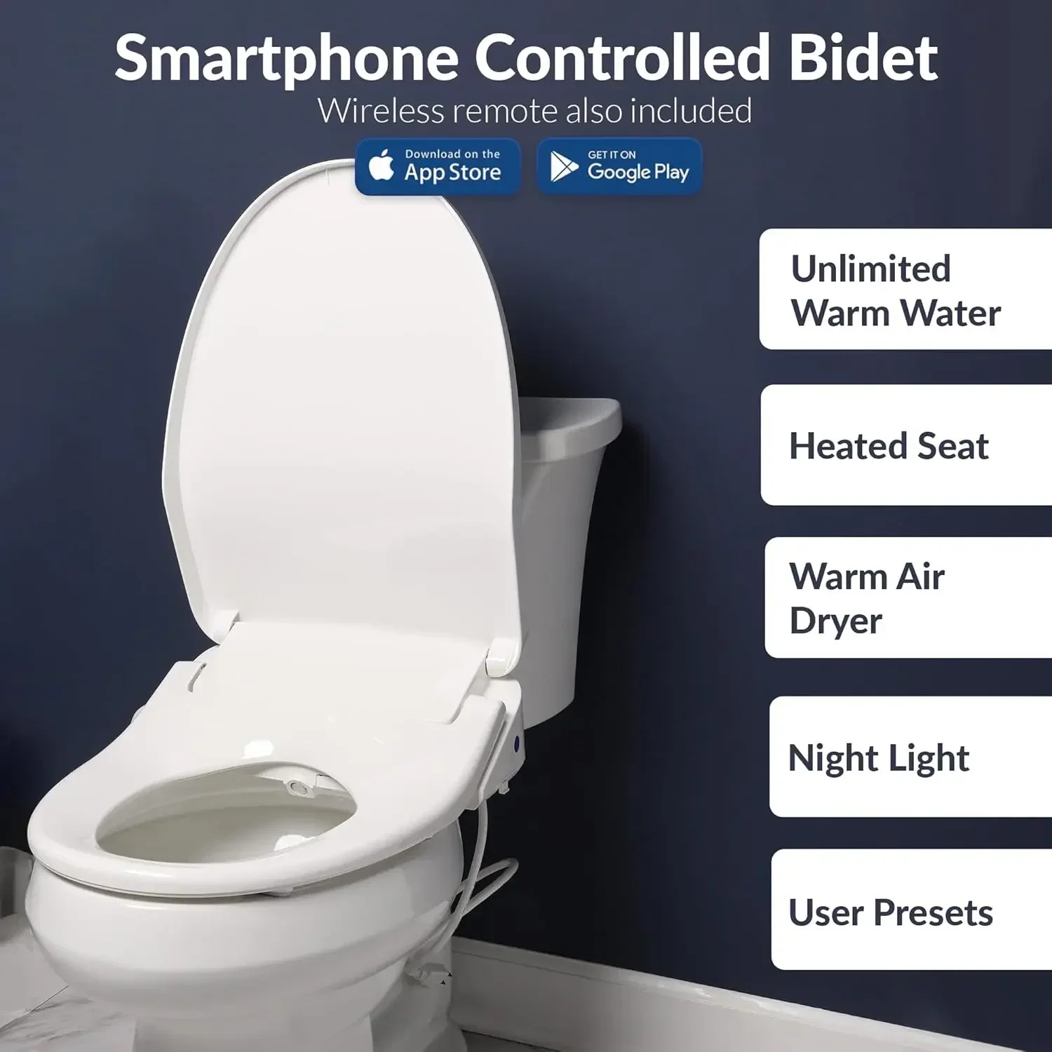 

200 Smart Bidet Toilet App-Enabled iOS & Android Warm Water with Air Dryer, Heated Seat with Slow Close Lid, Remote Control