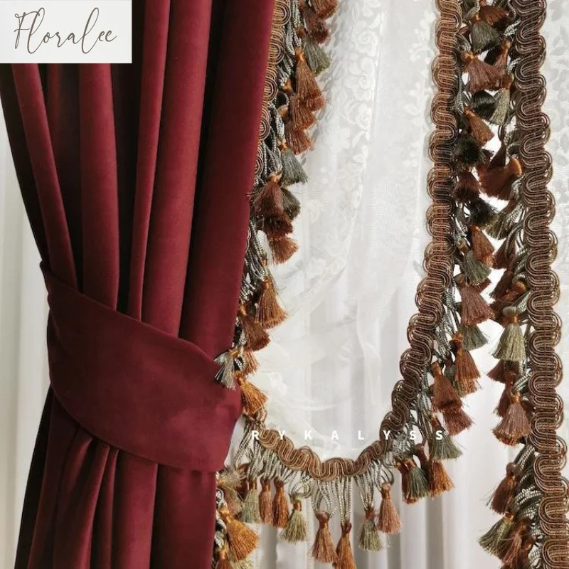 American French Vintage Style Australian Red Velvet with Tassels Custom Size Curtains for Living Dining Room Bedroom Sheer Door