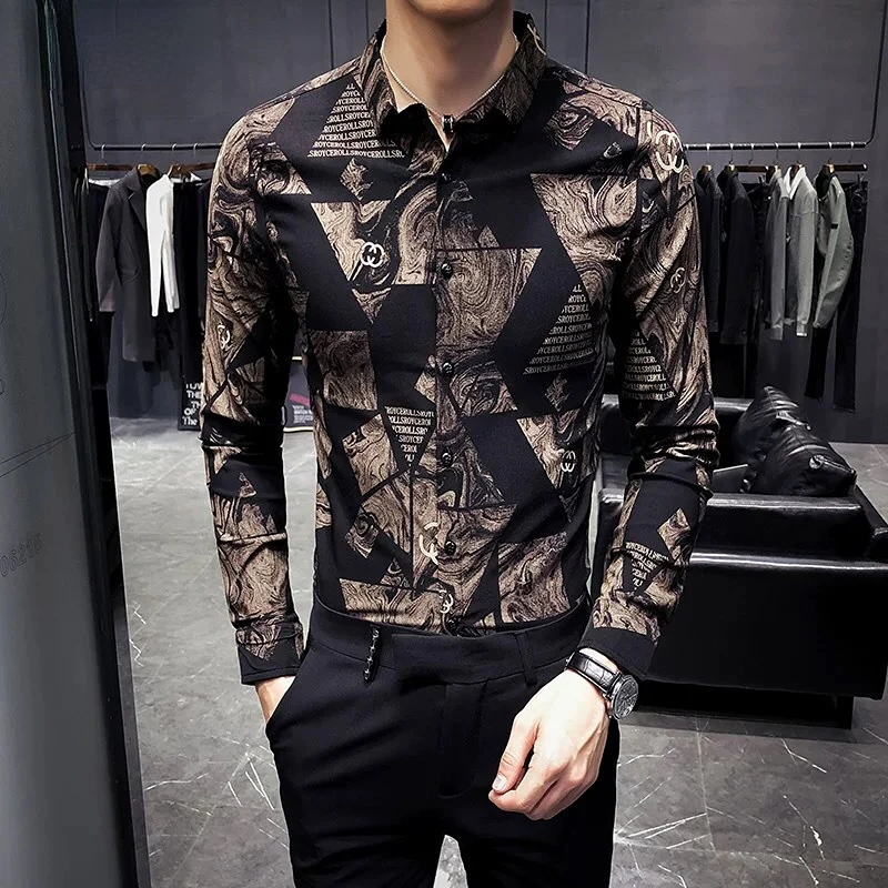 

Men's long sleeve shirt autumn Korean slim print trend Joker shirt handsome personality stylist inch shirt top