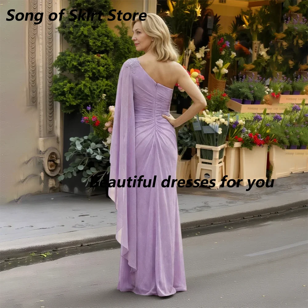 Lilac Chiffon Mother of The Bride Dress One Shoulder Lace Beaded High Slit Elegant Formal Wedding Guest Evening Gown Customized