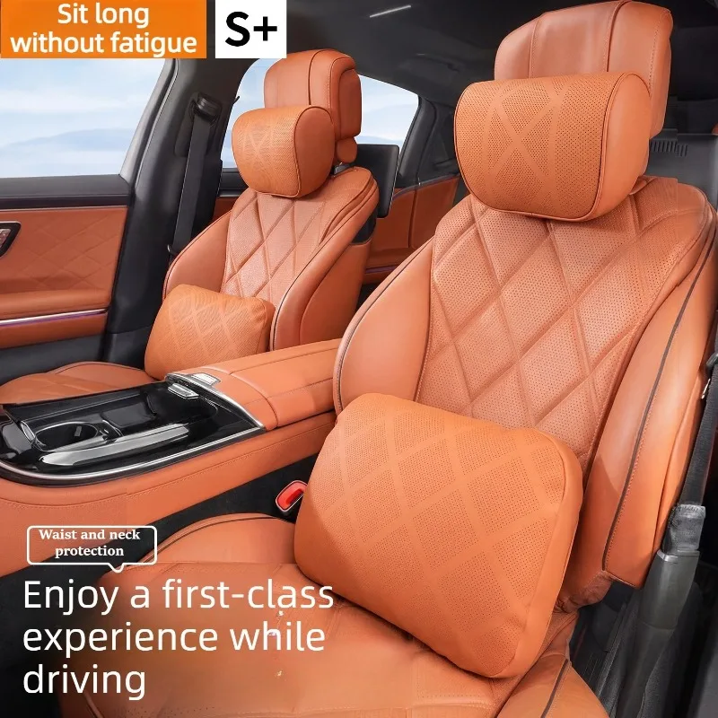 Nappa Leather Car Neck Pillow Waist Pillow Universal Car Seat Pillow Set Auto Seat Accessories Car Headrest and Lumbar Support