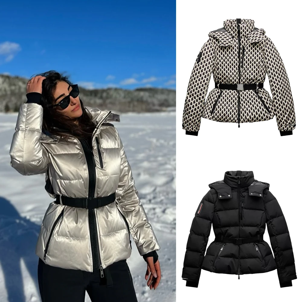 PB&ZA Women's 2024 Autumn/Winter New Ski Cotton Jacket Hooded Stand up Collar Zipper with Belt Short Warm Down Cotton Jacket