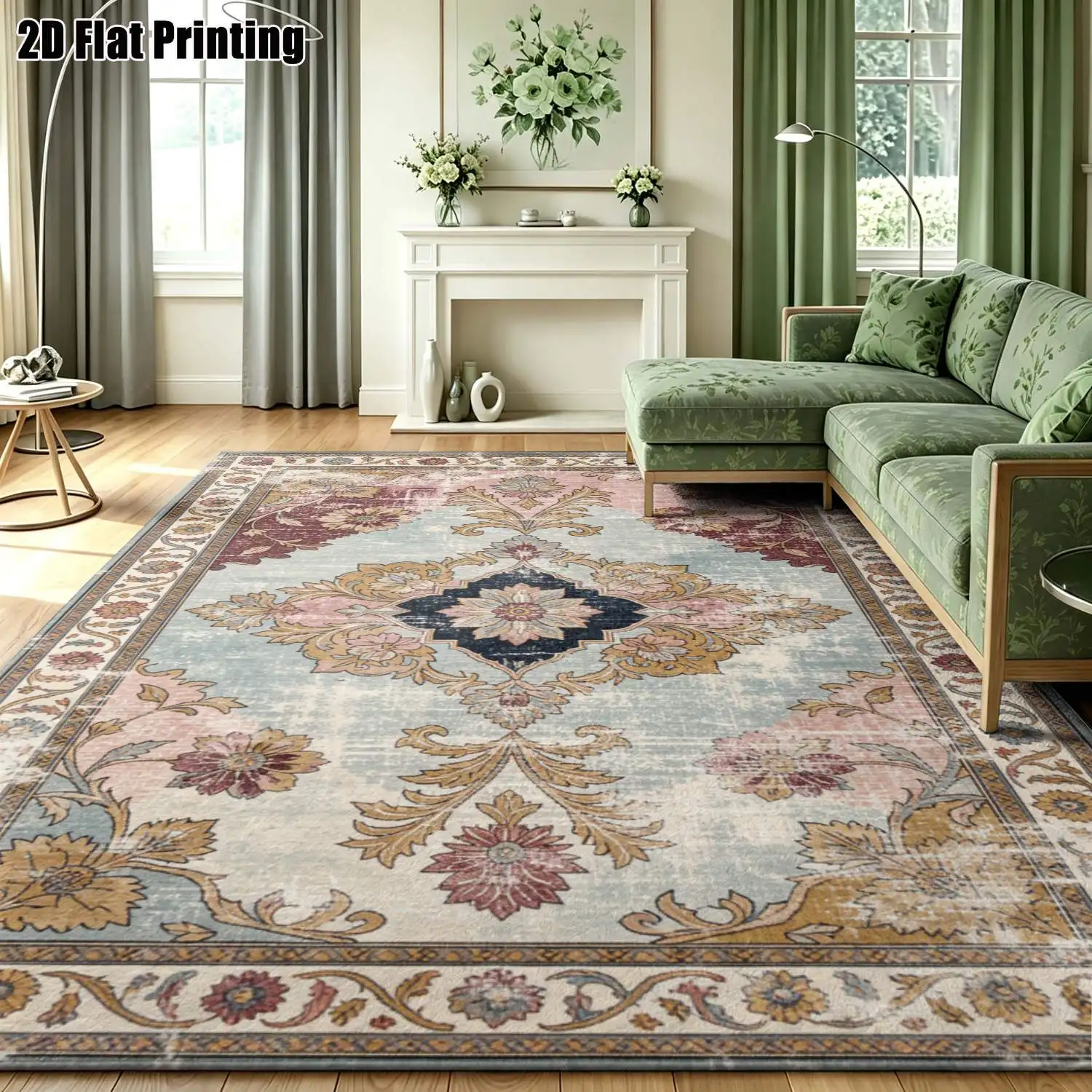 1Pc 2D Printed Retro Multicolored Floral Carpet: European/Bohemian Style, Home Decor, Multiple Sizes, Machine Washable, Multi-Scene Use