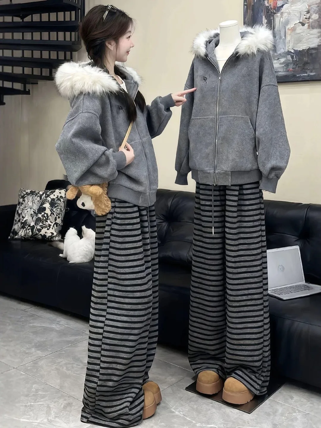 بنطلون نسائي واسع الساق من Laid-ba للخريف والشتاء 2025، جديد وناعم وعصري بخصر عالٍ وتصميم مخطط