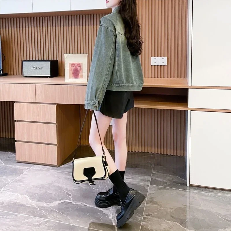 2025 New Arrival Women's Petite Short Loose Denim Jacket Spring Autumn Chic Color Block Vintage Korean Style Youthful Design