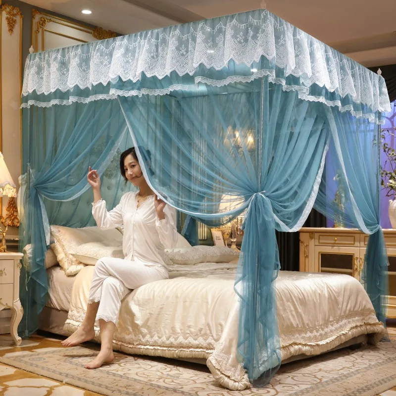 Double-Layer Lace 3-Door Palace Mosquito Net Encrypting Lace Floor Tent with 25Mm Bracket Dustproof Light Blocking Bed Curtain