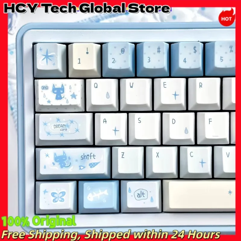 HCY Kawaii Dream Cat PBT Keycaps 5-Side Dye Sublimation MX Cross Stem Keycap Set for 60 65 75 87 104 Mechanical Gaming Keyboard