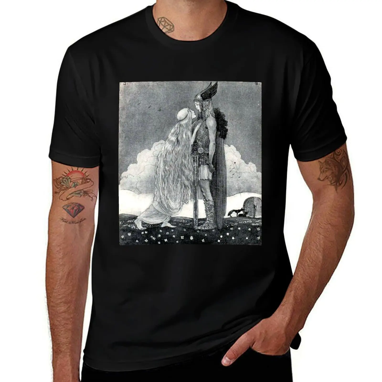 Freya and Svipdag - John Bauer T-Shirt Basic Short Sleeve Cotton Blend T-Shirt
