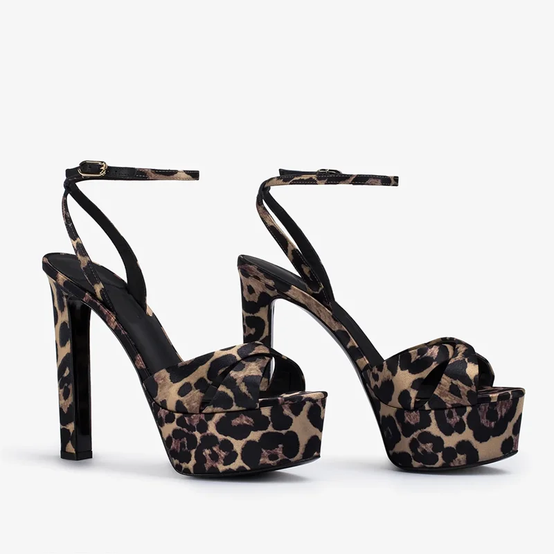 Leopard Satin Platform Sandals Sexy Pointed Toe Suqare Heels Customized Buckle Strap New Arrivals Fashion Women Modern Shoes