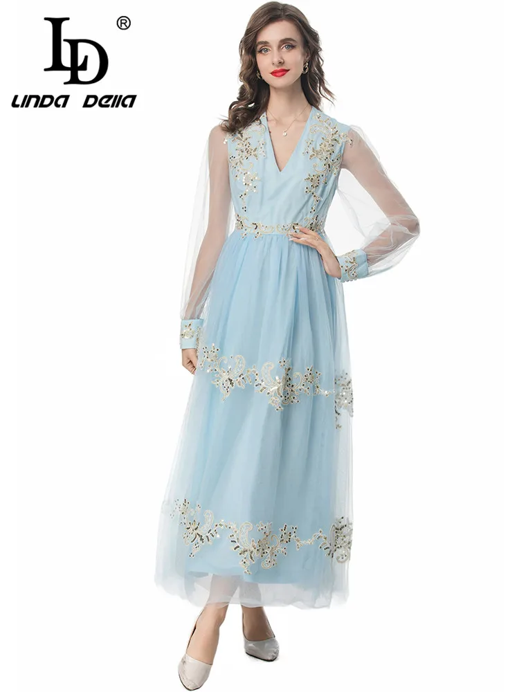 LD LINDA DELLA Summer 2024 luxury Designer Dresses for women Vintage Elegant Embroidery Sequins Net Yarn Princess Dresses