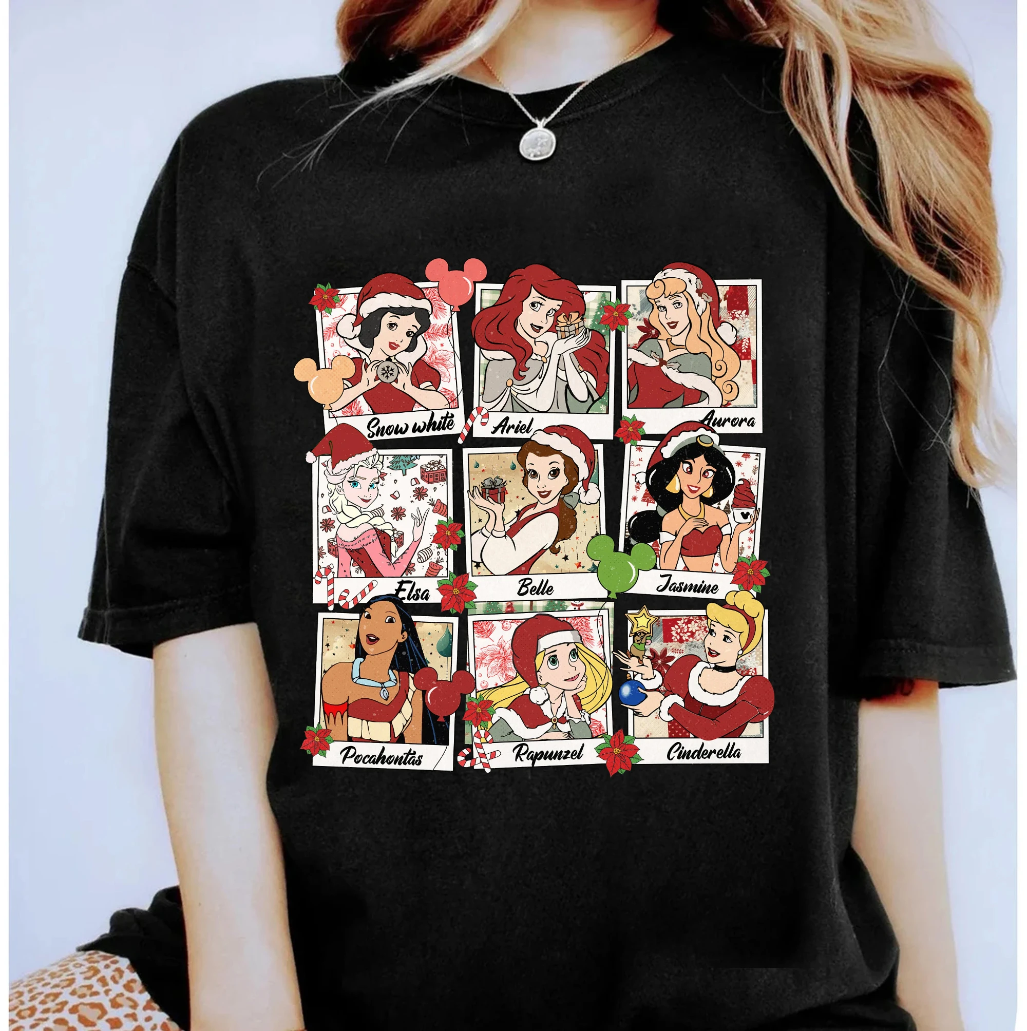 قمصان أزياء أميرات ديزني لعيد الميلاد، سانتا، سنو وايت أرييل أورورا بيل سندريلا ديزني لاند قمصان متطابقة لعيد الميلاد #5