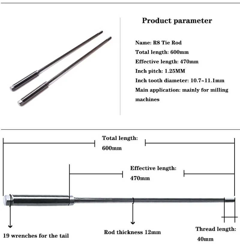 1PC Milling Machine Drawbar R8 Spindle Tie Rod Handle Hanger 7/16 M12 Inch Milling Machine Tie Rod Screw Accessories