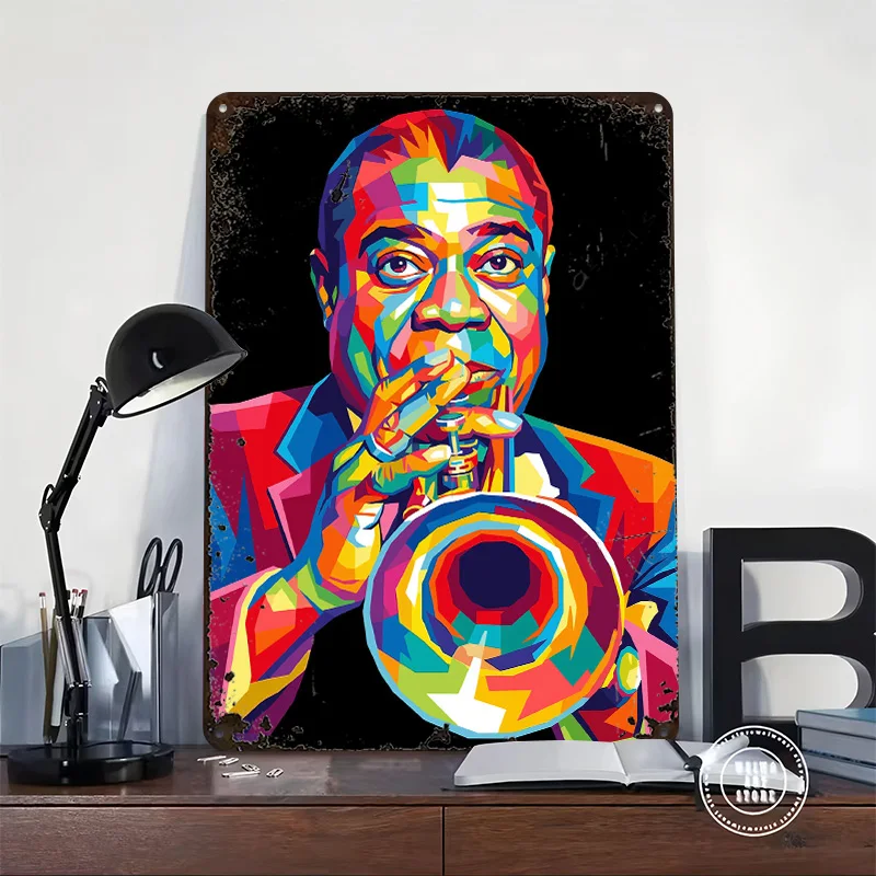 Louis Armstrong Playing Trumpet Personalized 3D Textured Metal Poster Wall Art Tinplate Sign for Vintage Decor Room Wand Deko