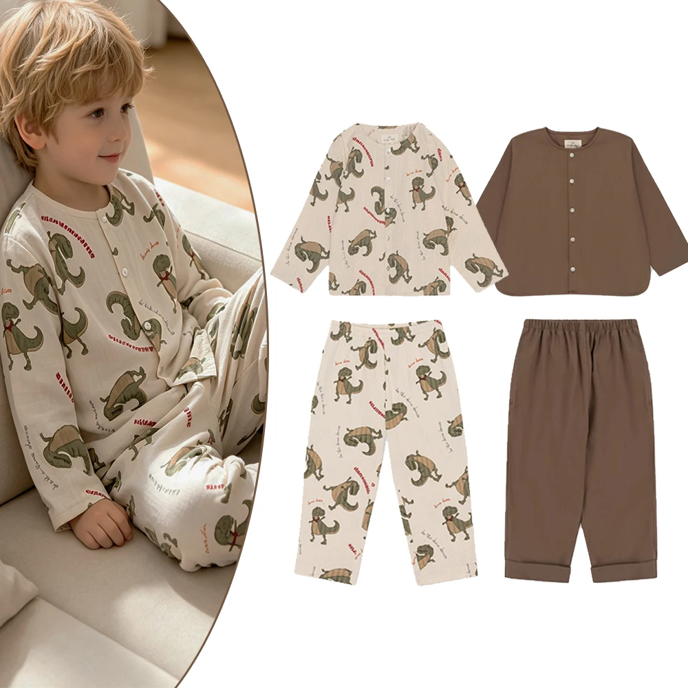 2026 New Spring and Autumn Men's and Children's Two Piece Set Cute Cartoon Dinosaur Printed Children's Leisure Home Set