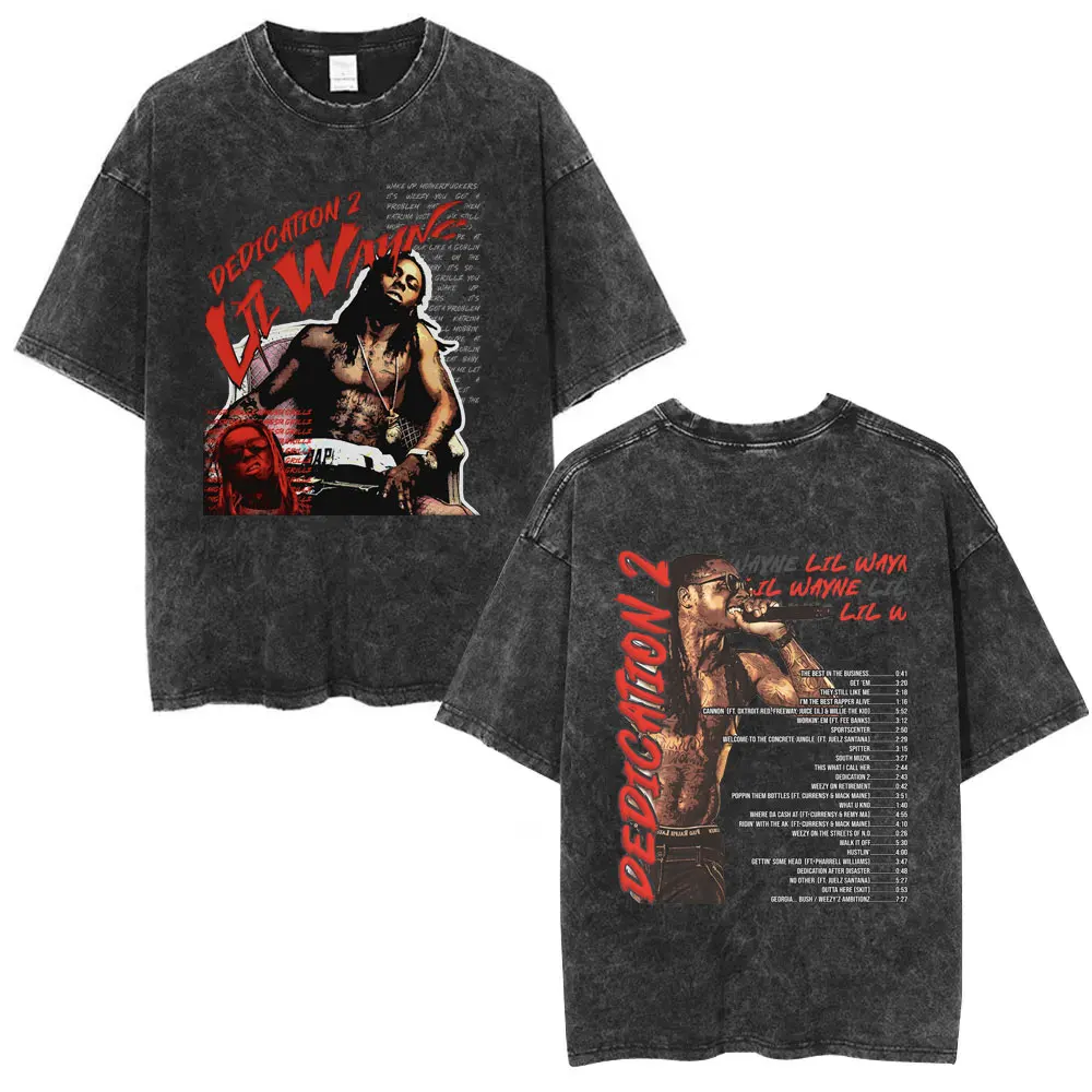 

Washed Vintage Rapper Lil Wayne Dedication Graphic T-shirt Men Women Hip Hop Fashion Oversized Short Sleeve T Shirts Streetwear