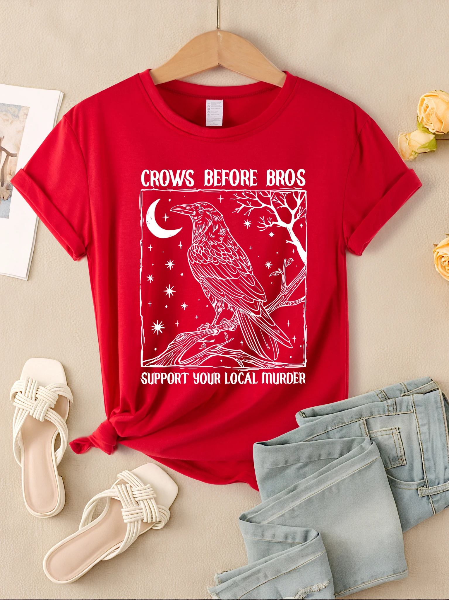 Crows Before Bros Support Your Local Murder Print Tee Shirts Womens Comfortable Hip Hop T-Shirts Summer T Shirt Loose Clothes