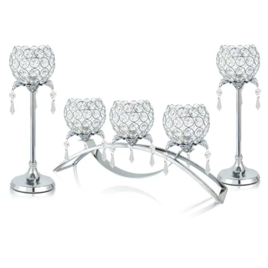 

Crystal Tea Light Candlestick Holders Flower Shape with Crystal Pendant Bowl Votive Metal Candle Holder for Table Centerpieces