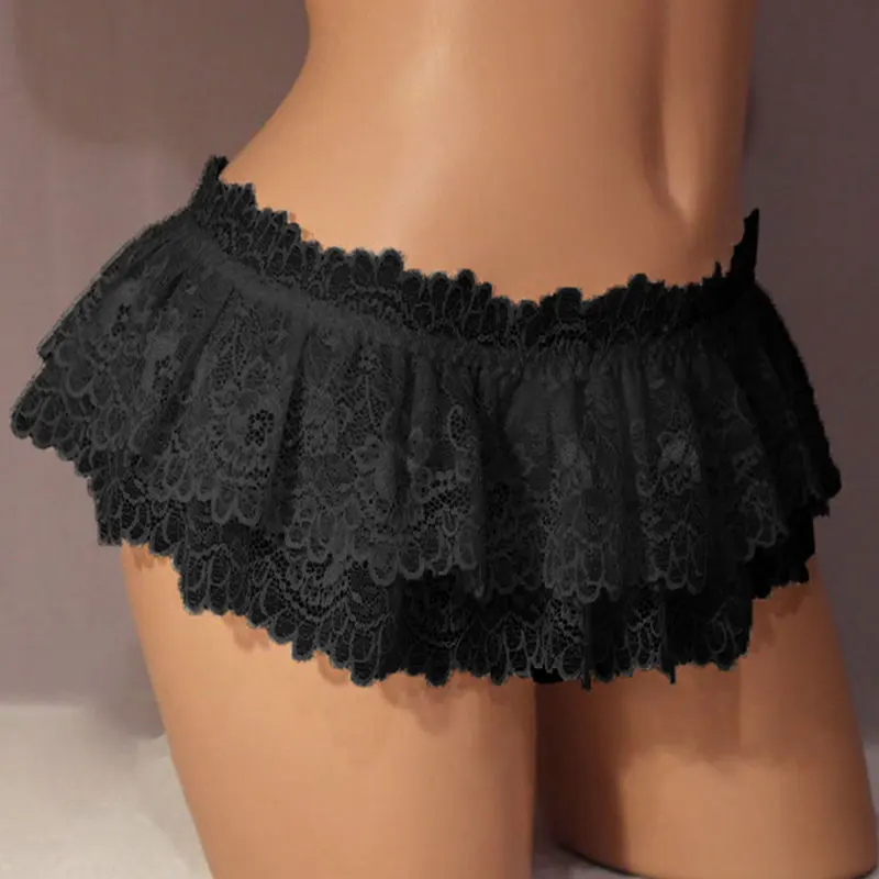 Mini Falda plisada para mujer, tangas de encaje de doble capa, bragas con volantes, lencería Sexy, pantalones cortos sólidos, ropa interior de vestido de noche