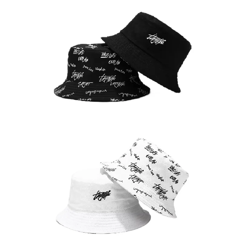

New Summer Cotton Beach Bucket Hat For Women Double-Side Print Letters Outdoor Sun Hats For Couple Students Gift