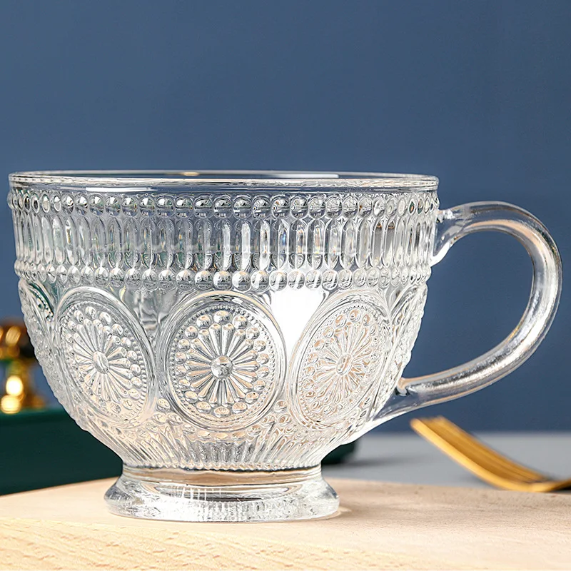 Glass Mug with Embossed Sun Flower, Drinking Glass Cups with Handles, Large Capacity, Bowl Shape, Milk, Water, Juice, Househol