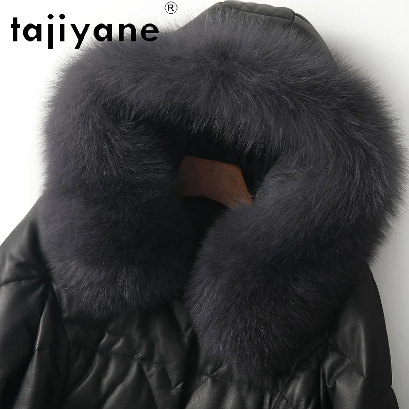 TAJIYANE 100% أعلى الحبوب جلد الغنم أسفل معطف امرأة جلد طبيعي أسود طويل سترة منفوخة الثعلب الفراء طوق 2025 الملابس الشتوية #4