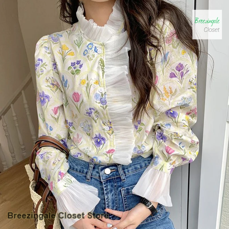 

Korean-style design flared sleeve shirt women's spring and summer new chic wild romantic high-necked stitching ruffled top