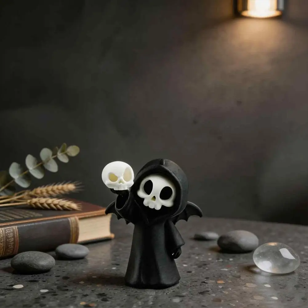 Black White Collectibles 3d Printed Grim Reaper Skull Ornament Bat Figurine Halloween Desk Decor for Home Office Table Display