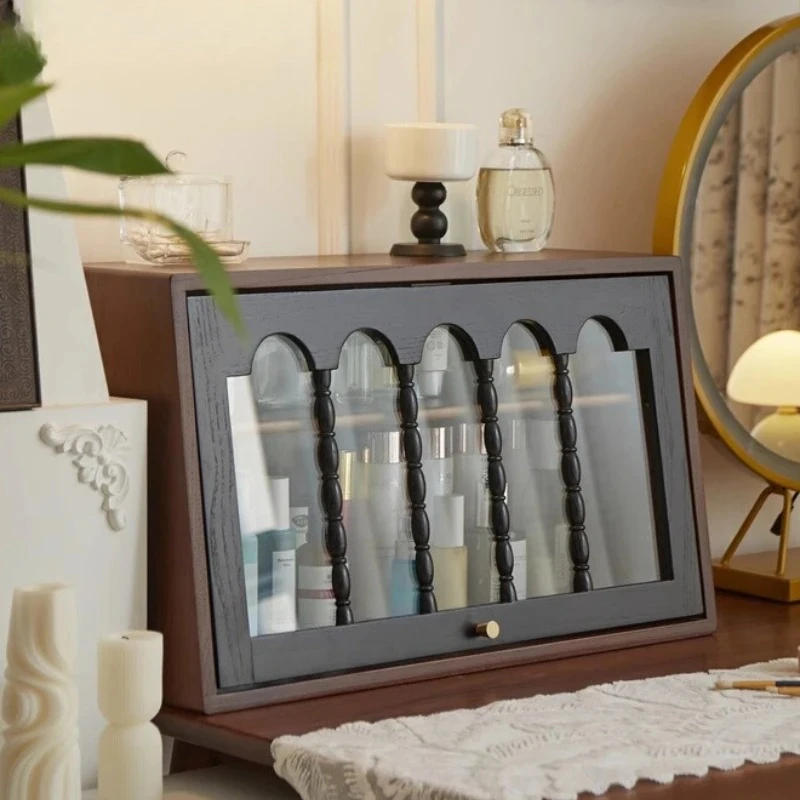 French Vintage Solid Wood Cosmetic Organizer Desktop Makeup Storage Cabinet Vanity Table Display Shelf for Bathroom Organizer