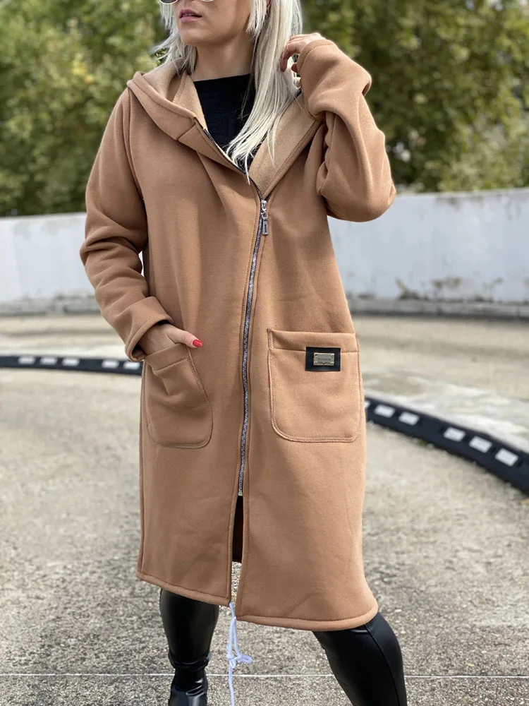 

Женское однотонное зимнее пальто с нерегулярной молнией, элегантное женское пальто с карманами для поездок на работу, свободные толстовки с длинными рукавами для отдыха, пальто