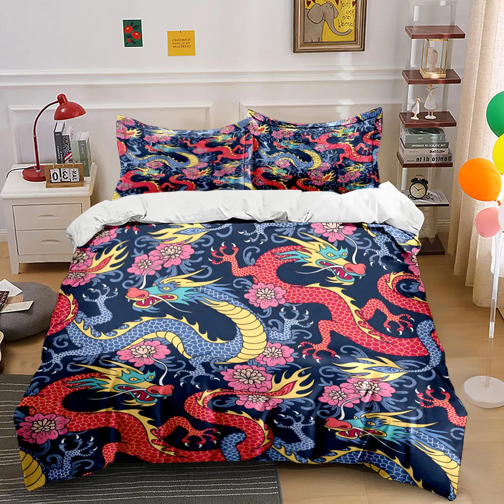 Luxurious Chinese dragons and flowers Printed Duvet Cover Set1 Duvet Cover+2 PillowcaseMulti Size Bedroom Bedding Decor
