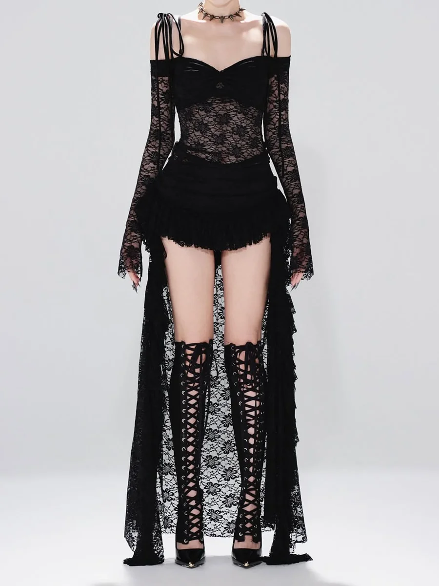 REDDACHiC ゴシックブラックレース トレインドレス レディース バンテージコルセット 長袖 シースルー ハイローボディコンドレス オルタナティブダークファッション