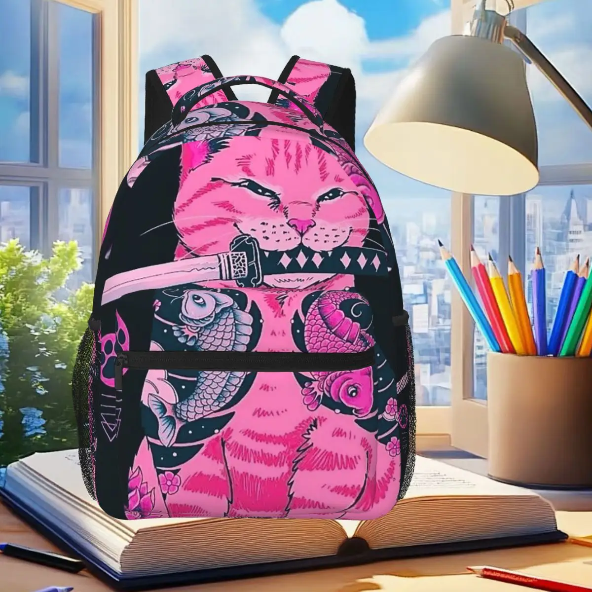 

Neko Japanese Shinobi Cat Backpack Student Boys Girls BookBag Kids School Bag Laptop Shoulder Bags for Men Women