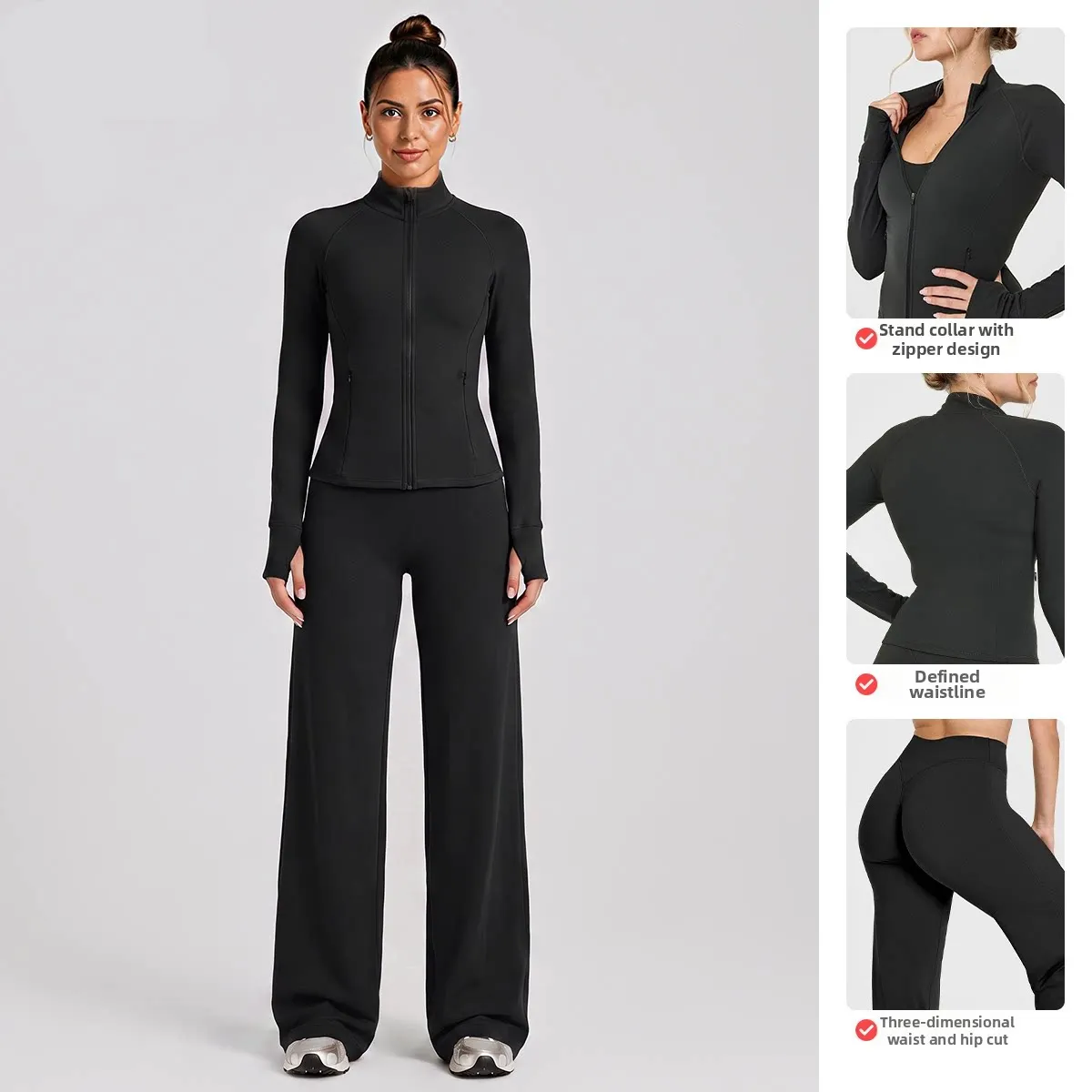 Women Stand‑Collar Zip Long Sleeve 2‑Piece Workout Set Quick‑Dry Versatile Sports Jacket Yoga Fitness Activewear Outfit