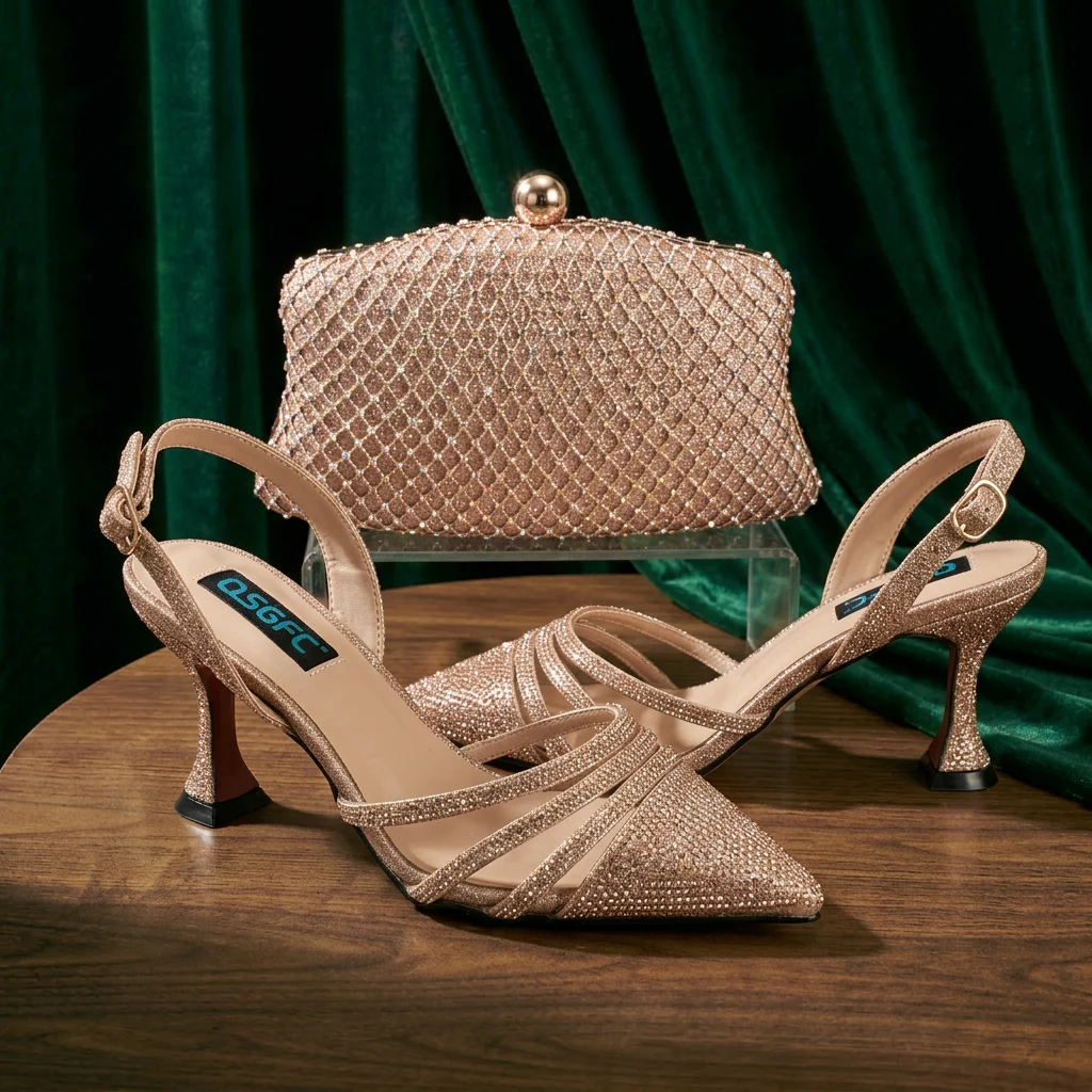 QSGFC Italian Design Peach Full Rhinestone High Heels Nigeria Trendy Women Matching Shoe Bag Set For Wedding Owambe Party