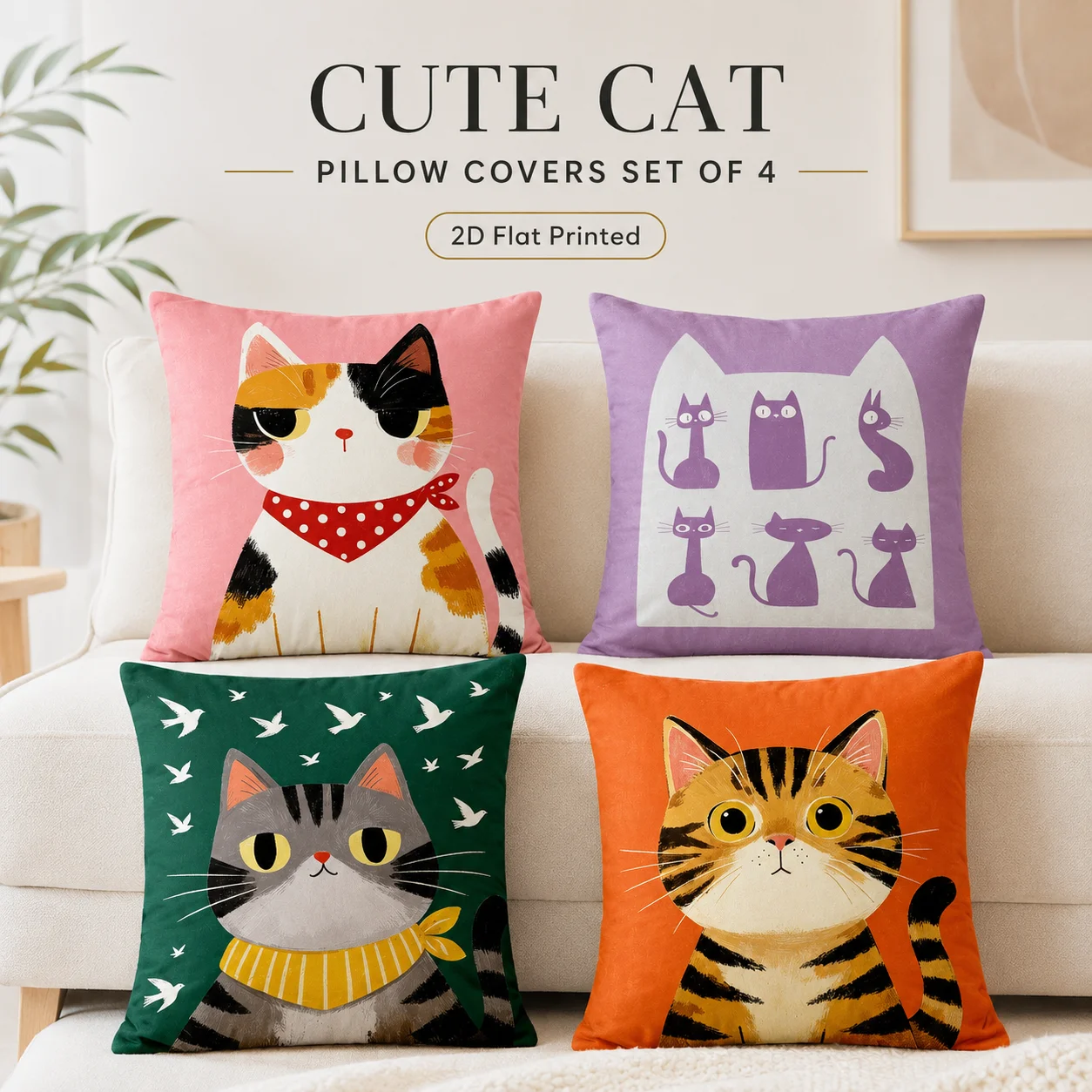 

4Pcs Set Cute Cartoon Cat Cushion Covers Peach Skin 2D Flat Printed Coussin Sofa Room Decor Animal Pillow Covers Home