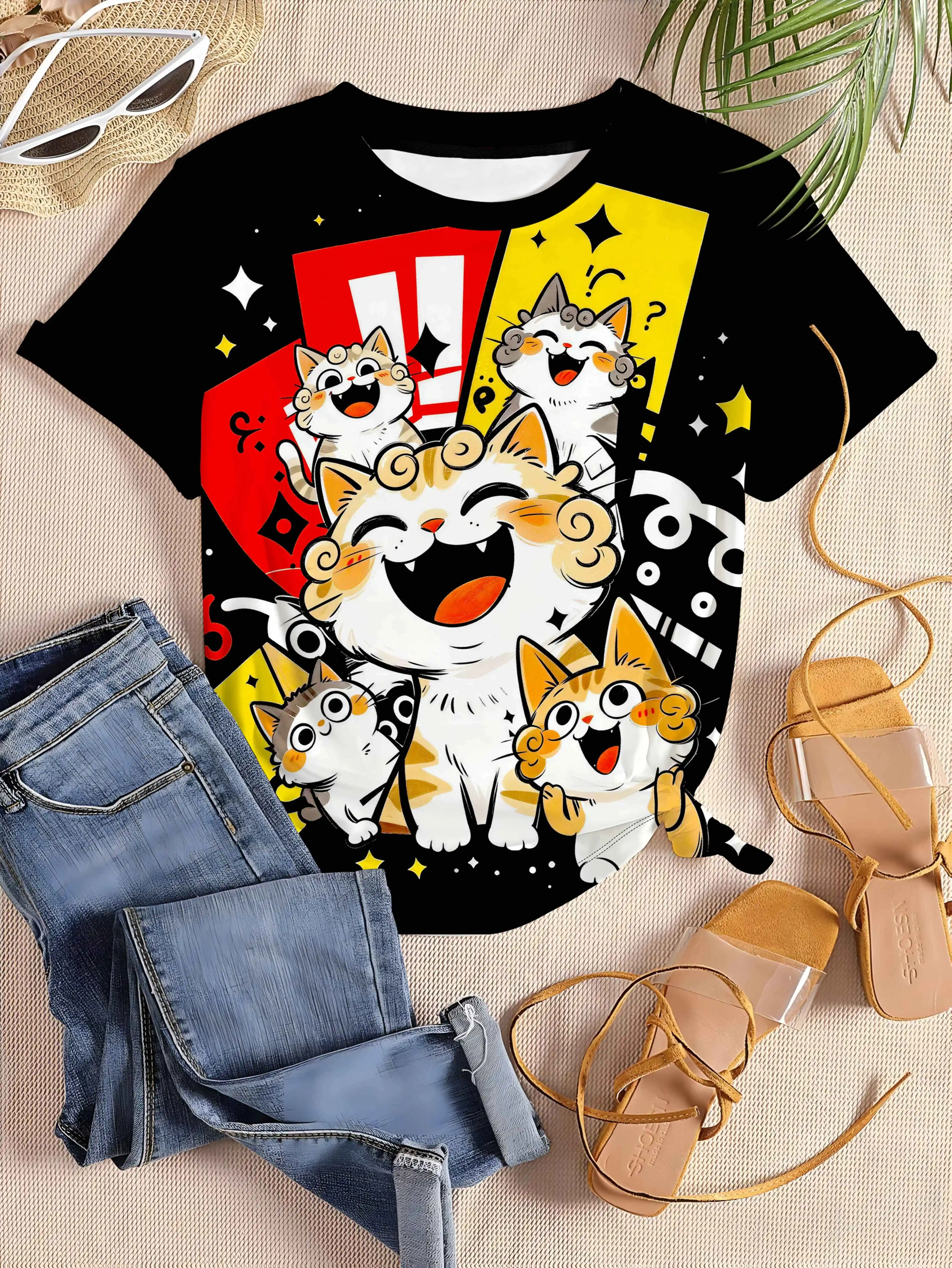Women Trendy Cat Lover Graphic T‑Shirt, Vibrant Comic Style Cheerful Kittens Art Design Short Sleeve Crew Neck Daily Tee