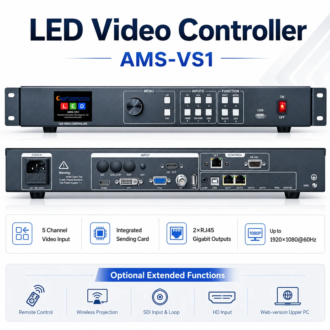 Amoonsky AMS VS1 LED Video Controller 5 Channel Video Input USB Player 1080P LED Display Screen Control Processor