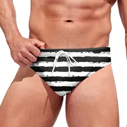 Men'S Korean Fashion Briefs Bathing Suit Youth Stylish Striped Print Shorts Low Waist Drawstring Swimwear Beach Vacation Trunks