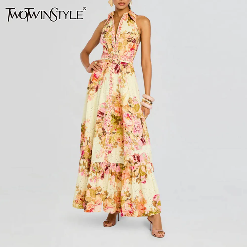 TWOTWINSTYLE Colorblock Slimming Spliced Printing Dresses for Women Lapel Sleeveless Patchwork Belt Midi Elegant Dress Female